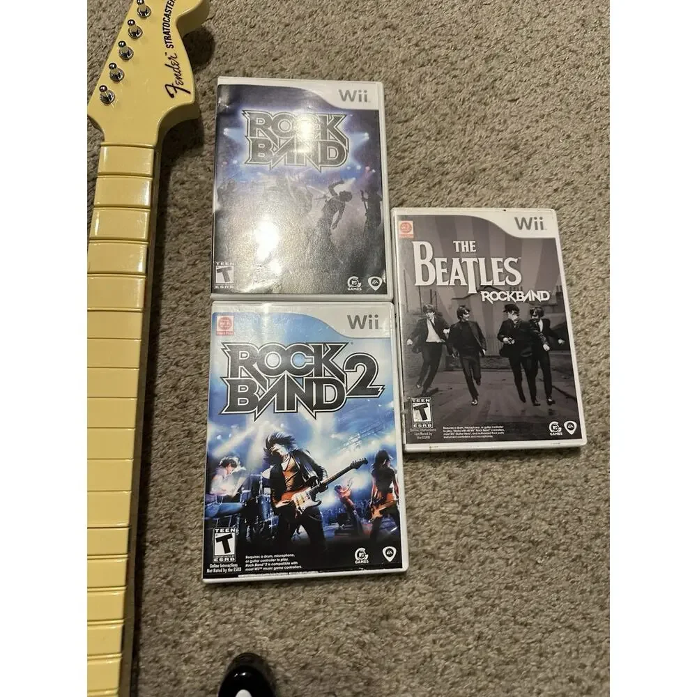 Nintendo Wii Rock Band Guitar w Dongle Strap 1 2 Games RockBand Beatles Tested